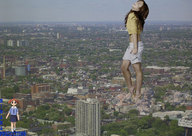 giantess collage city mega long_hair destruction high_heels brunette shorts cruel