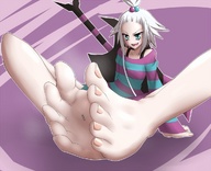 drawing giantess pokemon micro color barefoot climbing sitting shrunken_person between_feet roxie imminent_crush