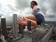giantess collage feet city barefoot unknown_artist sitting skyscraper highway vehicles toe_ring