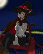 drawing giantess color bridge clothed stockings boots sitting halloween hat bow looking_at_viewer hank88