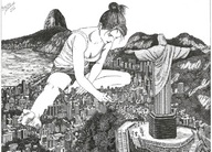 drawing giantess city monochrome destruction barefoot ocean marcos_snowbell sitting marcos statue rio_de_janeiro touchdown_jesus