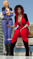 breasts giantess city mega blonde handheld cleavage buildings red_hair boots giantesses dark_skin belt jumpsuit sitting_on_building zipper boomgts digital_render hair_streak
