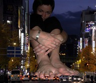 giantess collage feet city barefoot low_angle sitting hand streets vehicles night lights looking_at_viewer asexuality
