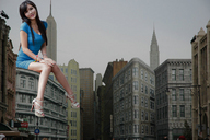 breasts giantess collage city black_hair long_hair high_heels buildings low_angle asian sitting sandals looking_at_viewer new_york_city empire_state_building sitting_on_building chrysler_building