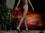 crush swimsuit barefoot high_heels tree red_hair shrunken_men tower cruel under_foot pedicure sunset digital_render