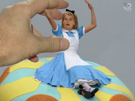 collage blonde giant handheld dress shrunken_woman alice_in_wonderland hair_bow
