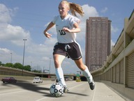 collage city blonde ponytail athletic road soccer_ball