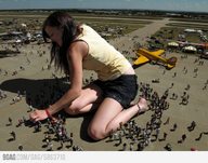 giantess collage brunette smiling kneeling airplane reaching shrunken_people grabbing crowds leaning_down airshow_snacks looking_at_tiny