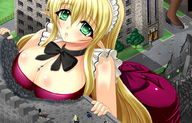giantess destruction cleavage green_eyes huge_breasts shrunken_people between_breasts
