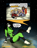 breasts drawing giantess feet earth giga blonde comic black_hair color penis barefoot skirt green_eyes brunette cheerleader sitting phone kim_possible shego dark_skin disney top belt dialogue footjob white_skin ron_stoppable on_toe sitting_on_planet bonnie_rockwaller