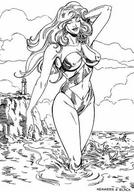 breasts drawing giantess monochrome swimsuit ocean lighthouse garganta cliff wading femforce