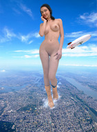 breasts giantess collage nude city mega destruction glasses blimp boots river clouds sky under_foot looking_at_viewer