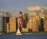 breasts giantess collage panties city mega cleavage bra boots unknown_artist uniform skyscraper looking_at_viewer sailboat cap waterfront sunrise_lighting