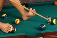 collage barefoot shrunken_men pool game pool_table pool_cue danger
