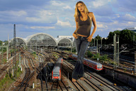 giantess collage clothed barefoot standing looking_at_viewer trains railroad_tracks