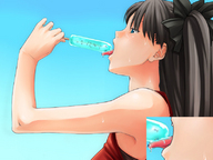 drawing giantess vore black_hair color tongue blue_eyes clothed licking saliva sweat dress pigtails shrunken_people trapped hair_bow panels popsicle fate/stay_night rin_tohsaka fate_(series)