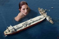 giantess collage ocean red_hair unknown_artist looking_at_viewer downward_angle tanker_ships