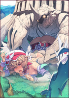 drawing giantess blushing blonde color armor skirt purple_eyes sweat monster lyla queens_blade