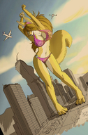 drawing furry city color large_breasts swimsuit destruction canine aircraft