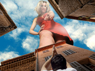 giantess collage clothed buildings low_angle looking_down sky point_of_view from_below pointing looking_at_tiny worshipping