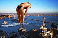 giantess collage swimsuit bridge water helicopter wonderslug bending_over wading leaning_forward behind_view crushed_ship