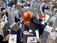 giantess collage city destruction clothed wonderslug red_hair legs airplane skyscraper holding captured between_buildings above_view holding_airplane