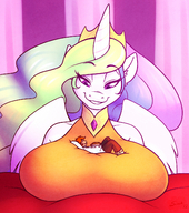 breasts drawing gentle giantess wings anthro color long_hair clothed huge_breasts purple_eyes smiling lying_down crown indoors sheela commission orange_hair my_little_pony horn princess_celestia pie butternut looking_at_tiny multicolored_hair on_breasts pale_skin jsk244