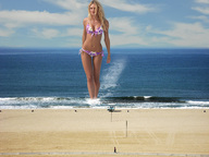 giantess collage blonde swimsuit beach cleavage ocean wonderslug sand small_couple wading candice_swanepoel frontal_view deserted_beach