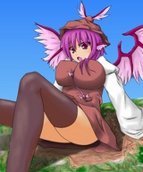breasts drawing giantess giga wings city color butt_crush touhou purple_hair purple_eyes
