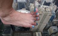 collage city barefoot unknown_artist skyscrapers pedicure giantess_feet above_view blue_nails