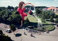 giantess collage waterfall park dress kneeling curly_hair bystanders watering_can