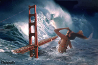 giantess collage mega bridge ocean storm waves golden_gate_bridge san_francisco tsunami weather