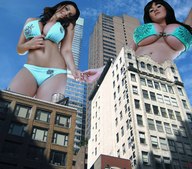 collage city swimsuit cleavage huge_breasts brunette low_angle belly jr looking_down skyscraper giantesses denise_milani point_of_view looking_at_viewer rachel_aldana