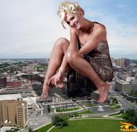 giantess collage city blonde barefoot buildings sitting legs looking_at_viewer taran sonya_kraus
