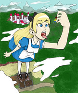 drawing giantess vore mega blonde blue_eyes dress shrunken_men open_mouth dangle alice_in_wonderland hair_bow overhead_terrain