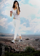 collage city destruction brunette phone walking sneakers aircraft_attack looking_away