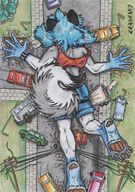 drawing giantess furry tail color blue_hair paws lying_down cerberus streets power_lines vehicle_crush