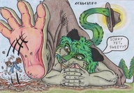 drawing crush furry color soles green_hair cerberus under_foot