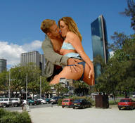 breasts giantess collage city mega blonde long_hair tongue giant couple kissing