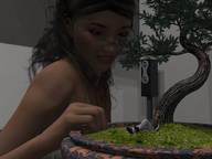 gentle giantess sleeping shrunken_men bonsai_tree looking_at_tiny digital_render
