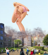 giantess crush collage city blonde destruction buildings low_angle cruel people shadester smoke point_of_view looking_at_viewer raised_foot running_away stuck_to_sole