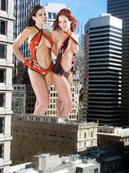 collage city multiple_giantesses brunette wonderslug red_hair skyscrapers looking_at_viewer aria_giovanni bianca_beauchamp latex_outfit war_of_the_gargantuas