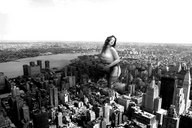 breasts collage city mega monochrome destruction brunette unknown_artist kneeling river skyscrapers downward_angle