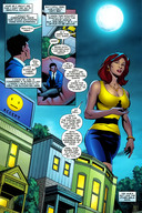 breasts drawing giantess mega comic color handheld skirt moon giganta red_hair shrunken_men night houses atom dialogue dc_comics couple sign ryan_choi