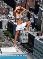 giantess collage city blonde bra skirt high_heels buildings unknown_artist sunglasses streets vehicles downward_angle