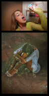 collage vore blonde digestion shrunken_woman open_mouth tongue_piercing stomach_view drinking_water vorepreys