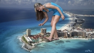 giantess collage blonde long_hair beach barefoot ocean buildings bending_over walking reaching adrianna_daniels bending_down leaning_forward leaning_down xcalibur