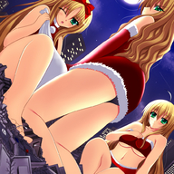 city destruction barefoot anime green_eyes moon kneeling giantesses night christmas_outfits
