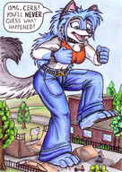drawing giantess furry color buildings cerberus trees raised_foot imminent_crush