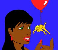drawing giantess size_difference blonde color finger shrunken_woman dark_skin balloon looking_at_tiny